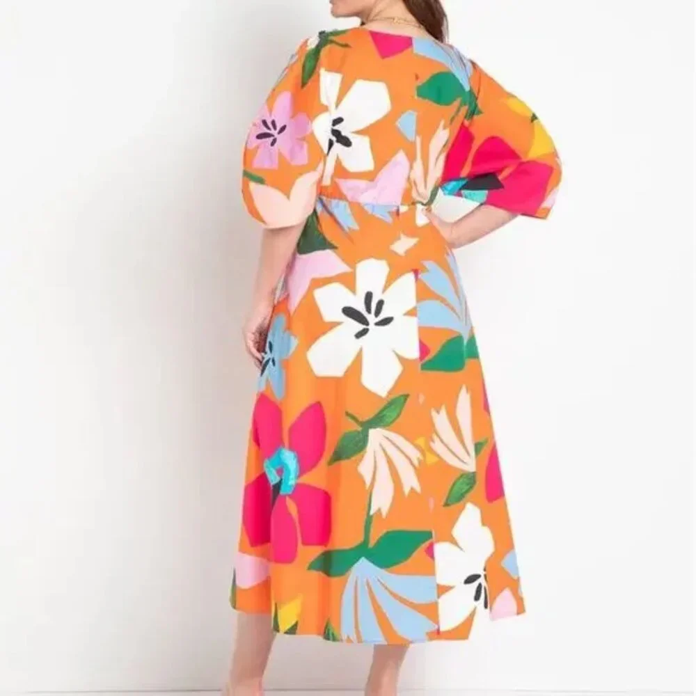 Eloquii Orange Puff Sleeve Colorful Floral Maxi Boardwalk Bloom Dress Size 16 - Picture 2 of 8